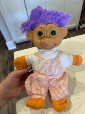 2/$15 Soma Purple-Haired Plush Troll with Pink Striped Overalls